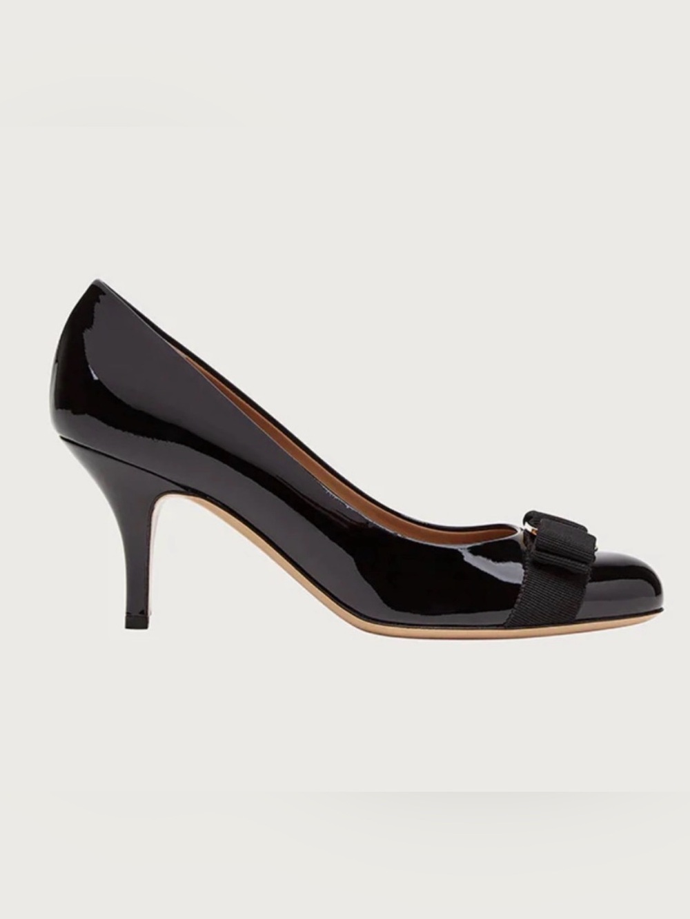 FERRAGAMO Carla 70 Vara Bow Pump Shoe in Black Patent Leather